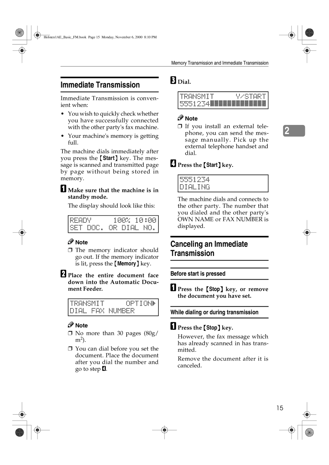 Ricoh FAX1400L manual Immediate Transmission, Dialing, While dialing or during transmission 