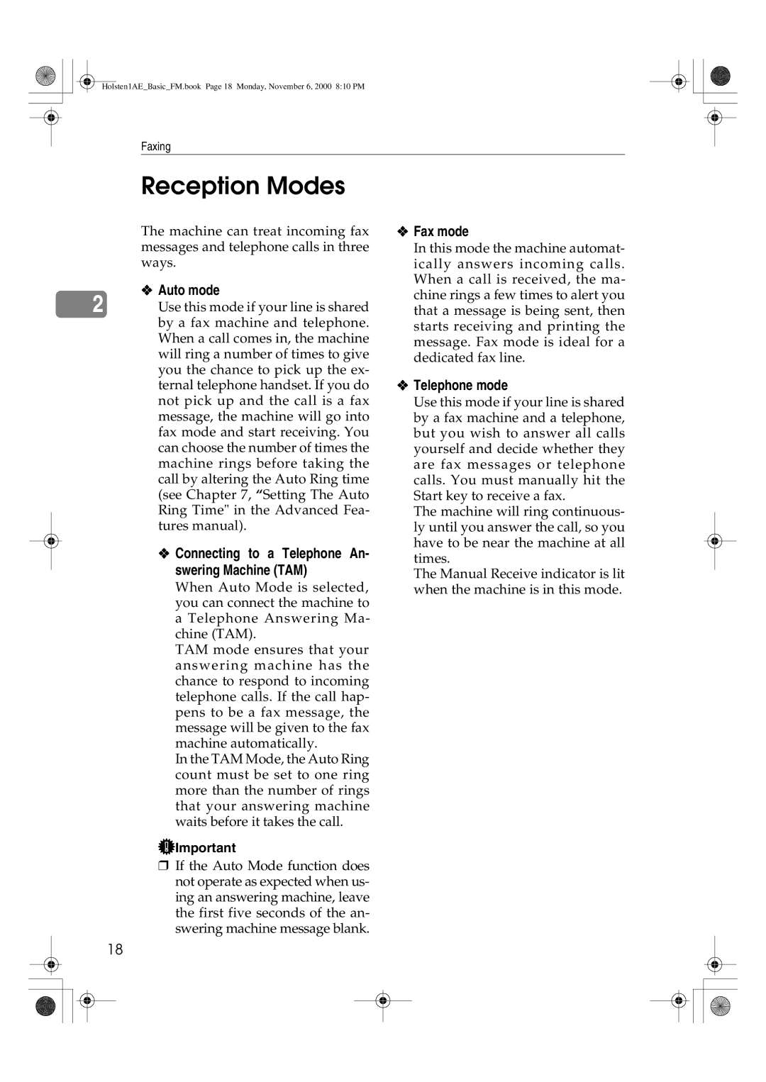 Ricoh FAX1400L Reception Modes, Auto mode, Connecting to a Telephone An- swering Machine TAM, Fax mode, Telephone mode 