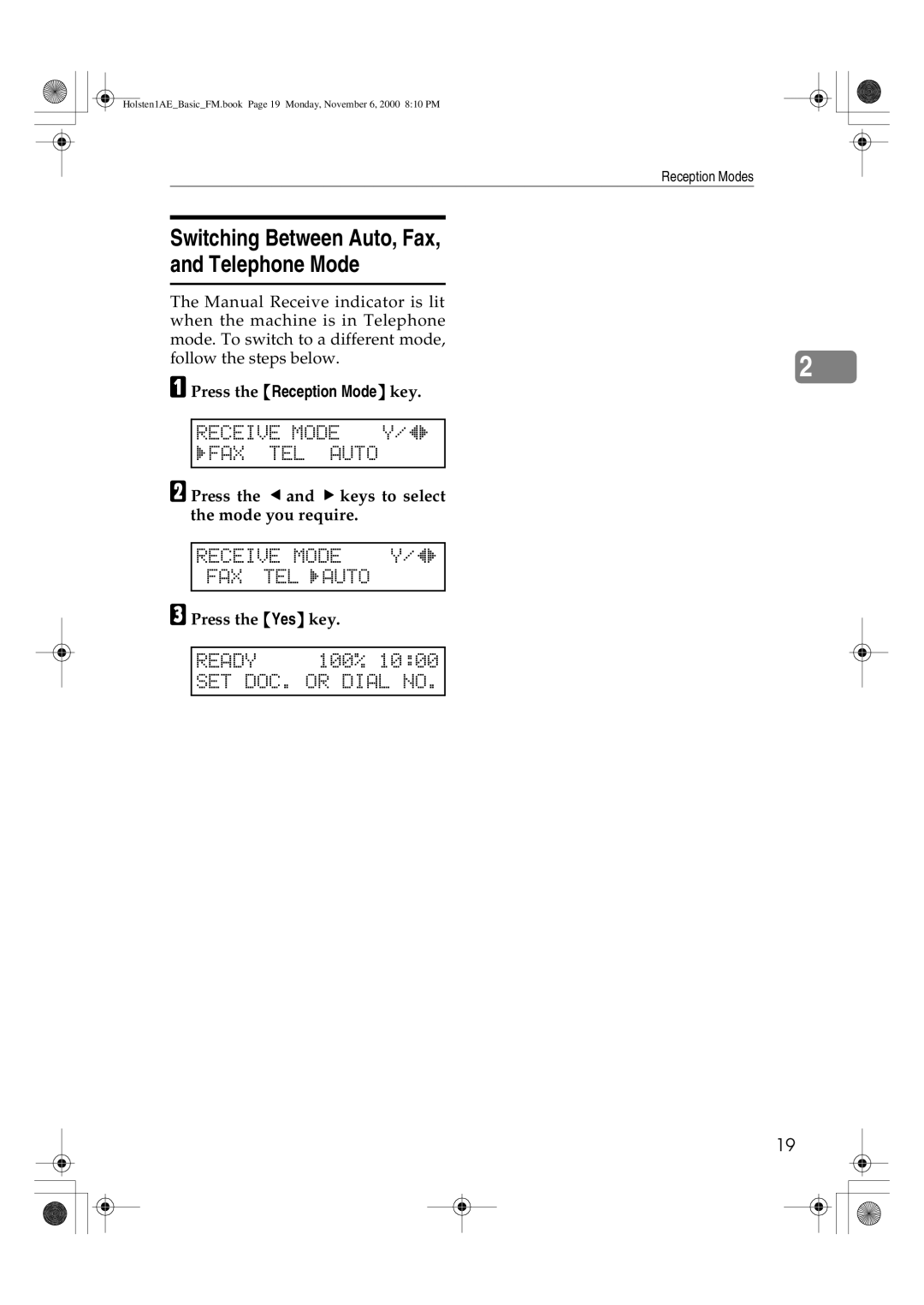 Ricoh FAX1400L manual Switching Between Auto, Fax, and Telephone Mode, IFAX TEL Auto, Receive Mode FAX, TEL iAUTO 