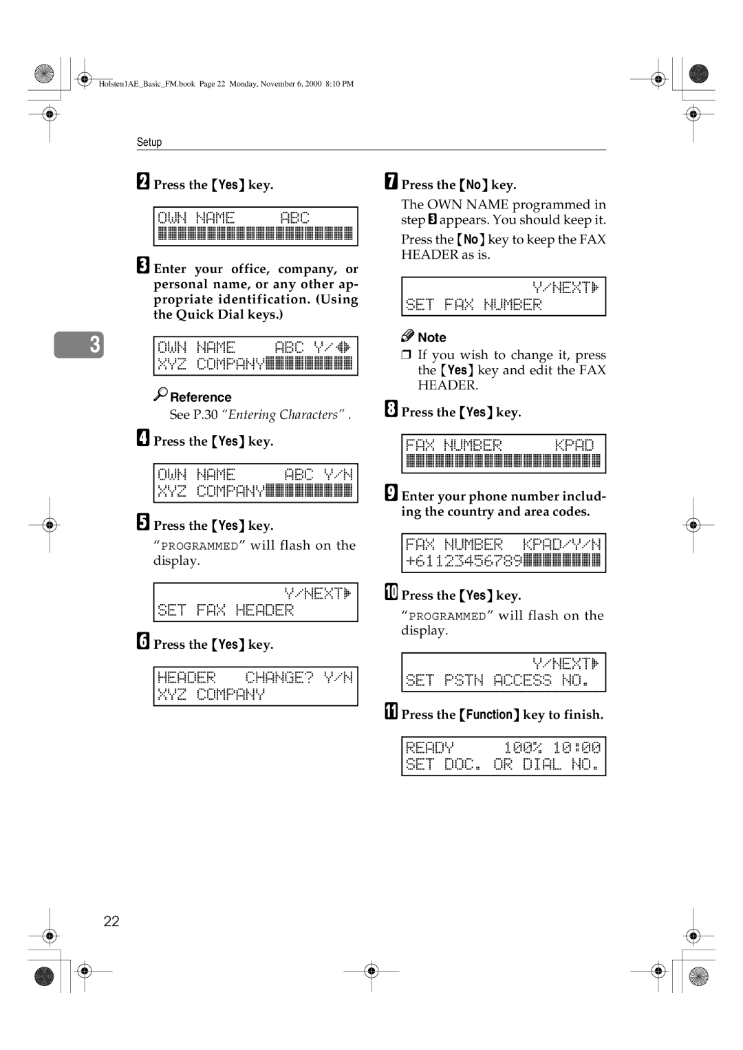 Ricoh FAX1400L manual OWN Name ABC Y/N, SET FAX Header, SET FAX Number, FAX Number Kpad, Header CHANGE? Y/N XYZ Company 