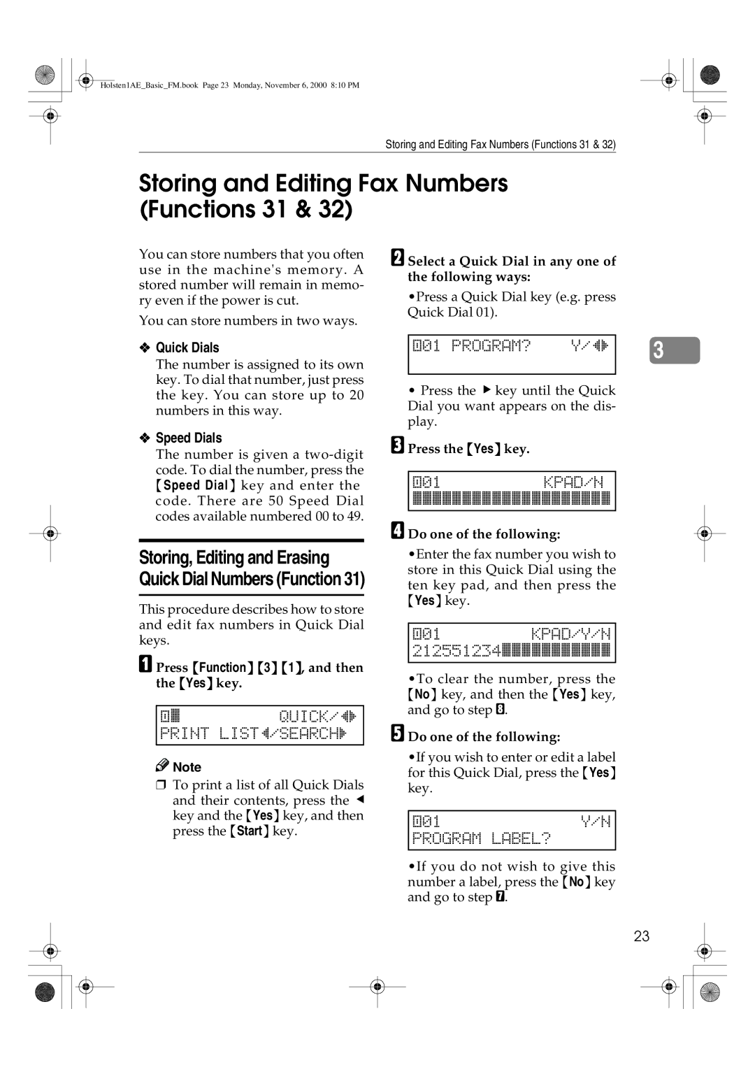 Ricoh FAX1400L manual Storing and Editing Fax Numbers Functions 31, Program LABEL? 