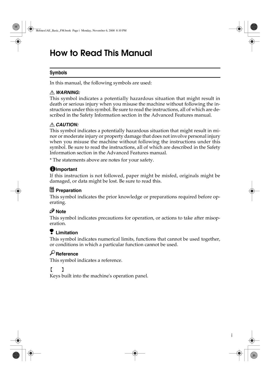 Ricoh FAX1400L manual How to Read This Manual, Symbols, Preparation, Limitation, Reference 