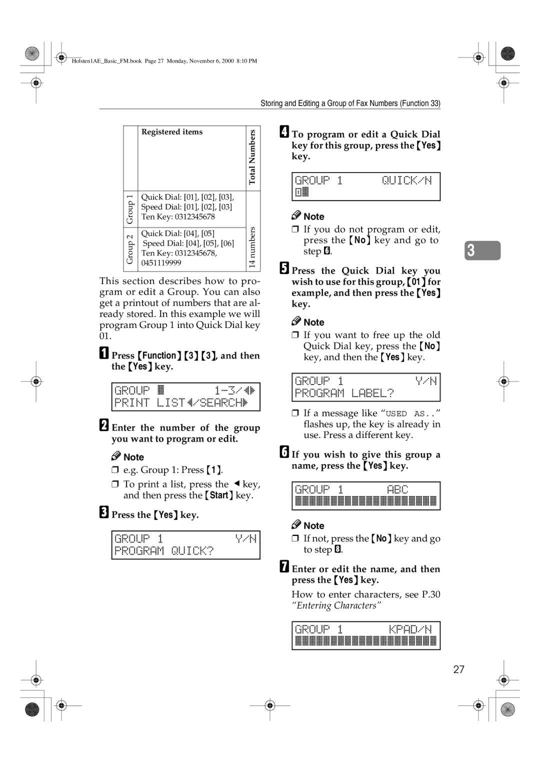 Ricoh FAX1400L manual Group QUICK/N, Print, Quick?, Label?, Group 1 ABC, Group 1 KPAD/N 