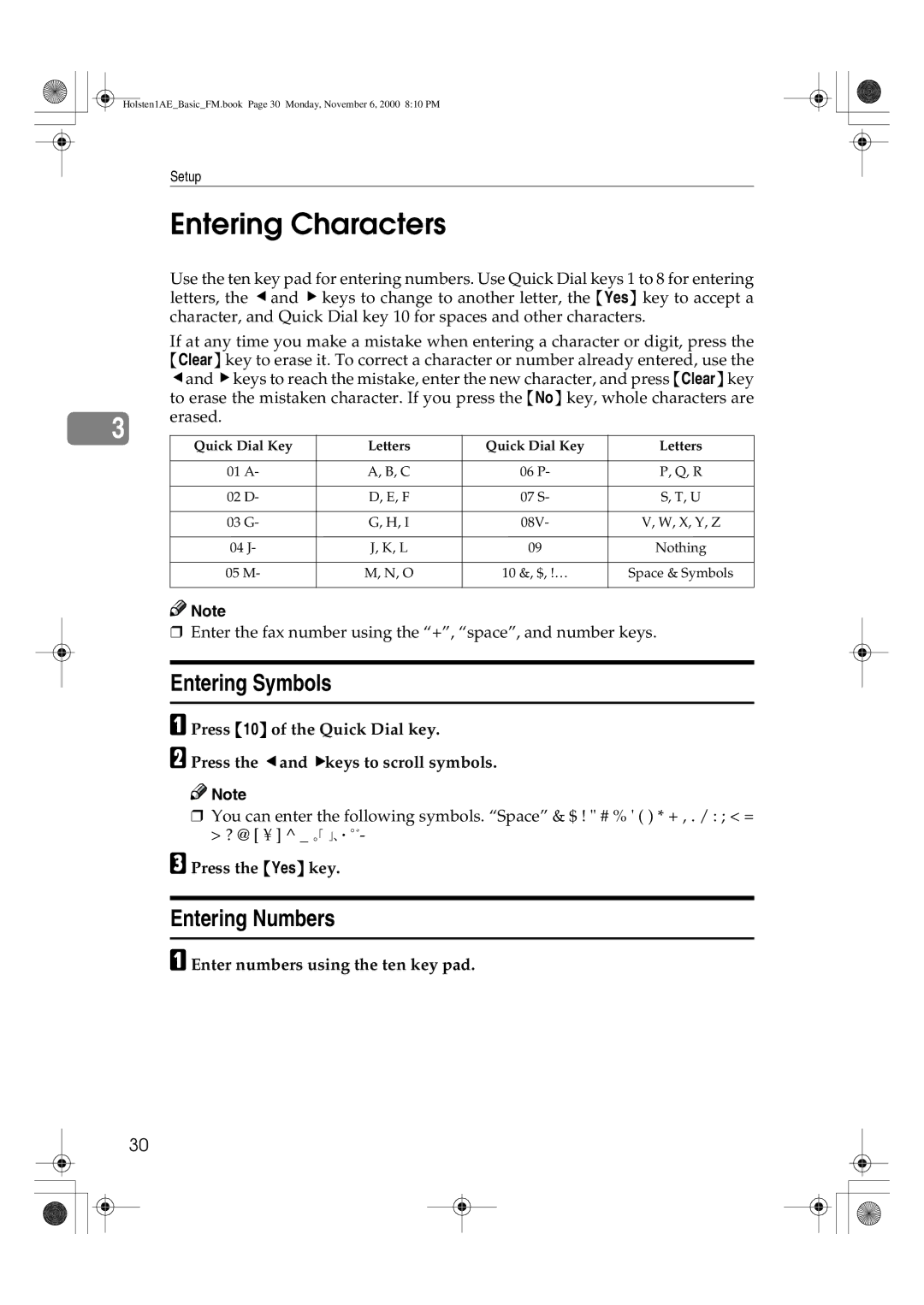 Ricoh FAX1400L manual Entering Characters, Entering Symbols, Entering Numbers, Enter numbers using the ten key pad 