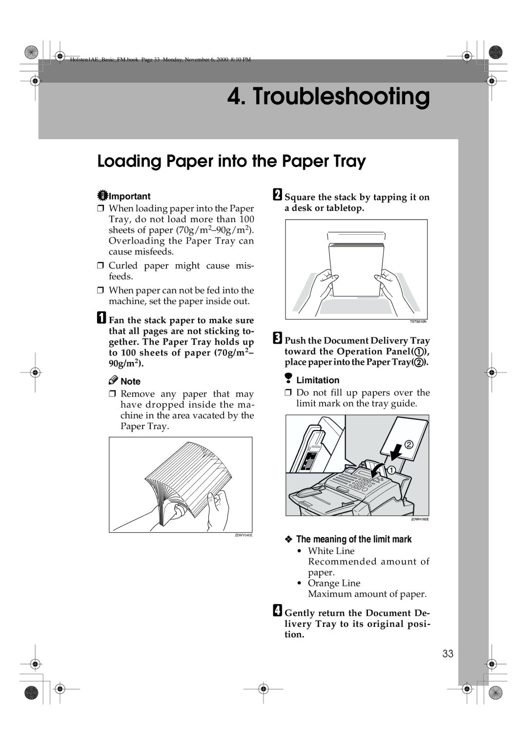 Ricoh FAX1400L manual Loading Paper into the Paper Tray, Meaning of the limit mark 