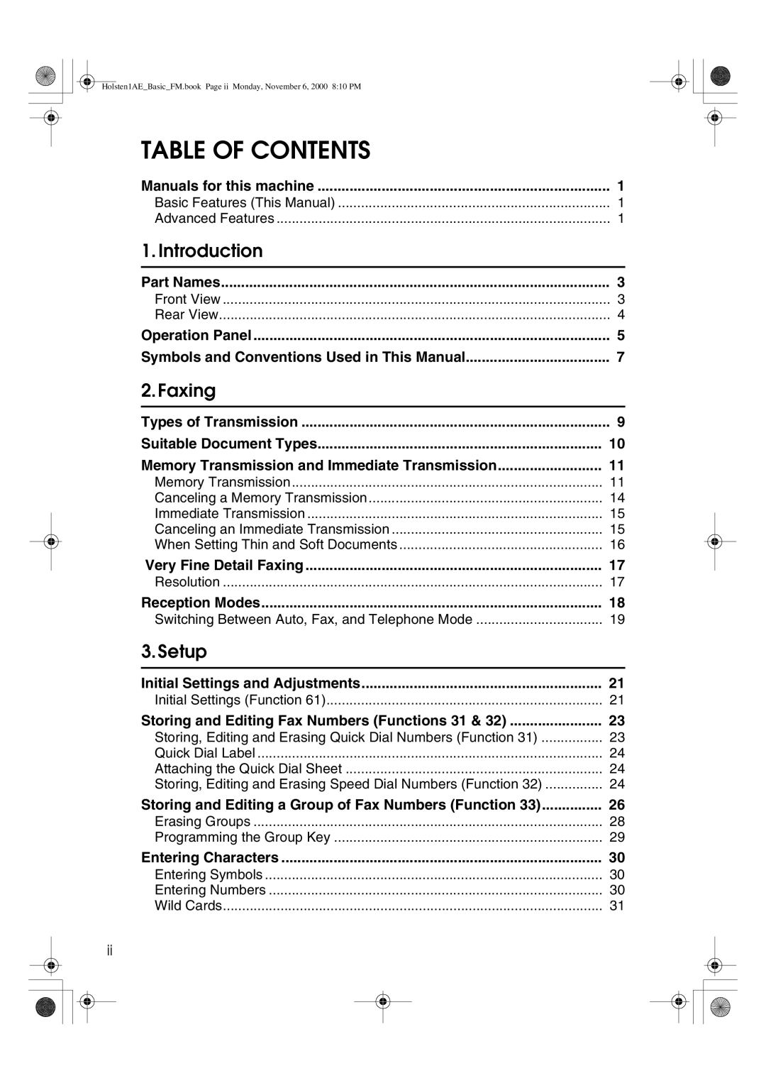 Ricoh FAX1400L manual Table of Contents 