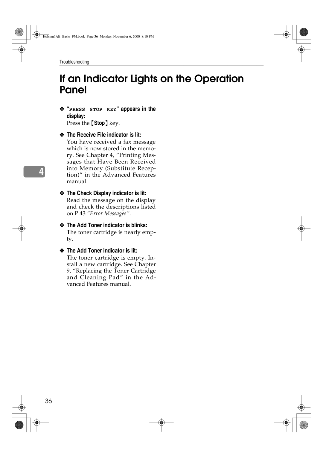 Ricoh FAX1400L manual If an Indicator Lights on the Operation Panel 