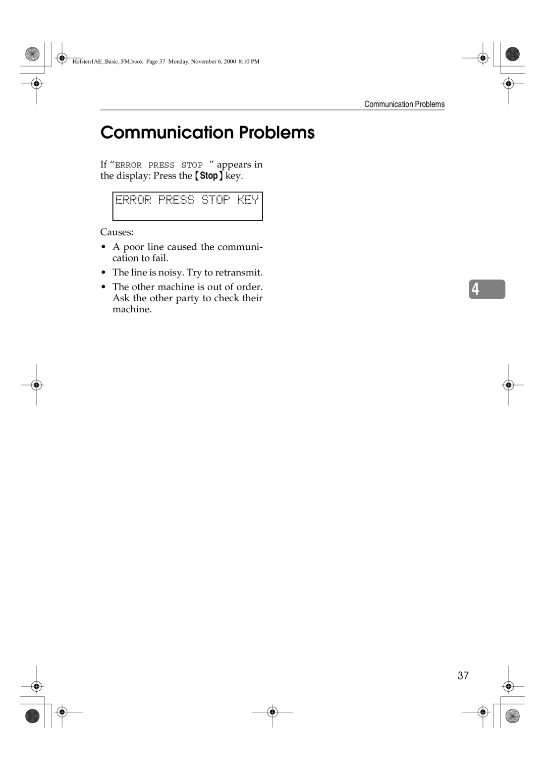 Ricoh FAX1400L manual Communication Problems, Error Press Stop KEY 