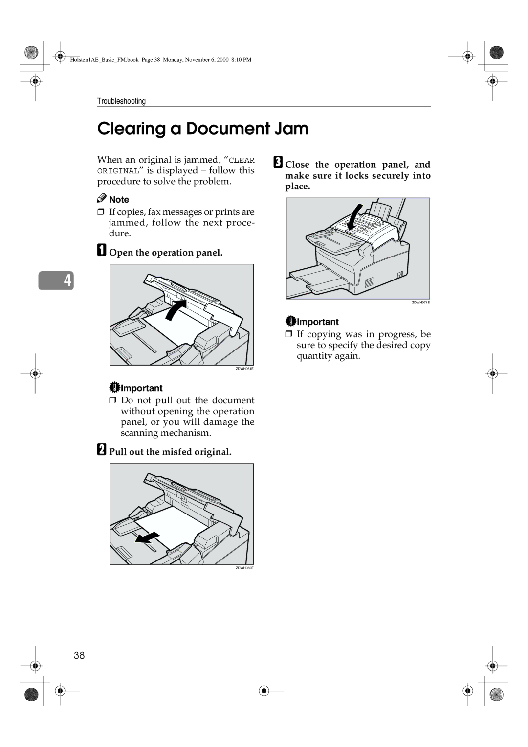 Ricoh FAX1400L manual Clearing a Document Jam, Open the operation panel 