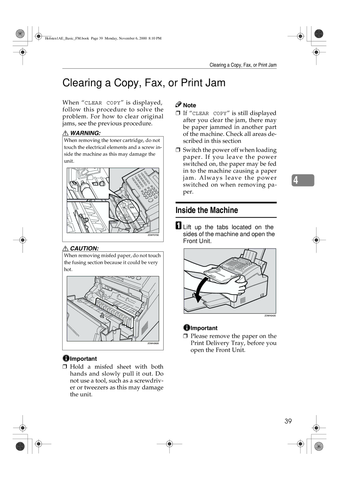 Ricoh FAX1400L manual Clearing a Copy, Fax, or Print Jam, Inside the Machine 