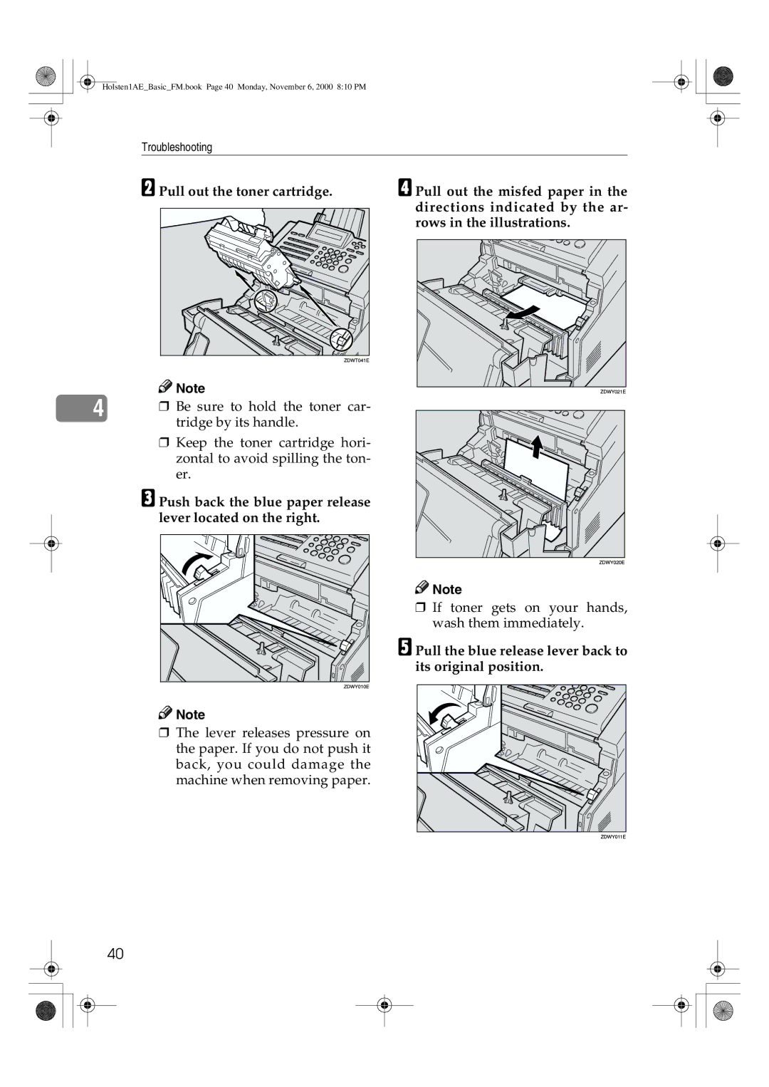 Ricoh FAX1400L manual Pull out the toner cartridge, Pull the blue release lever back to its original position 