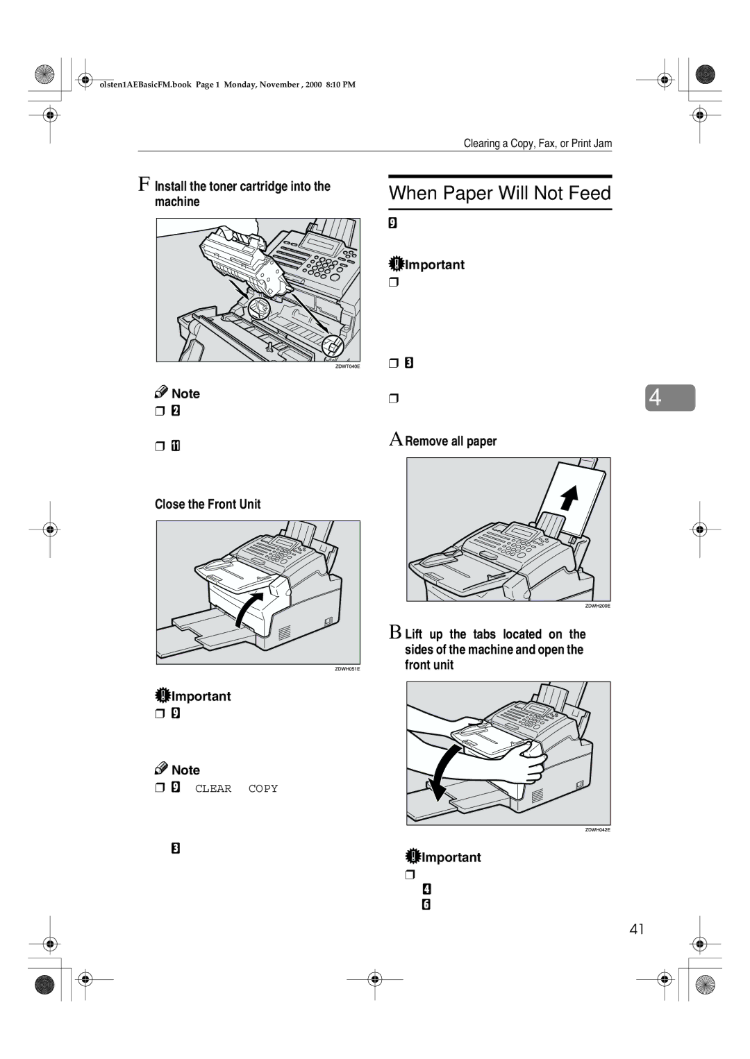 Ricoh FAX1400L manual When Paper Will Not Feed, Install the toner cartridge into the machine, Close the Front Unit 