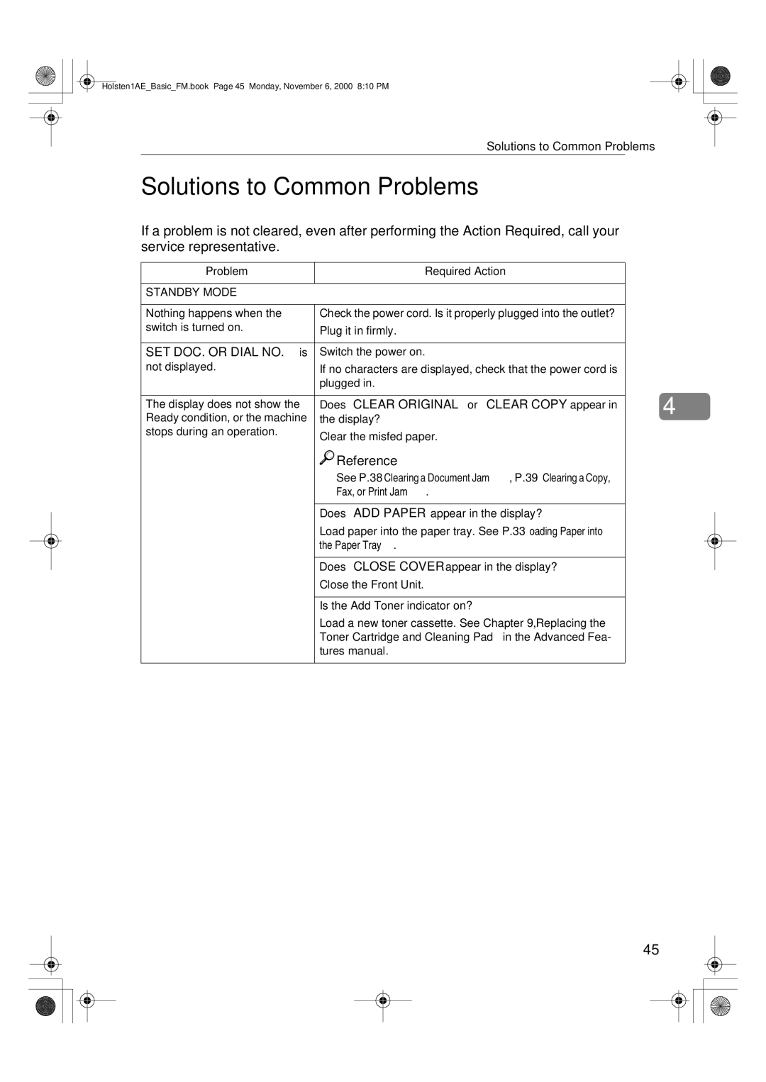 Ricoh FAX1400L manual Solutions to Common Problems, Problem Required Action 