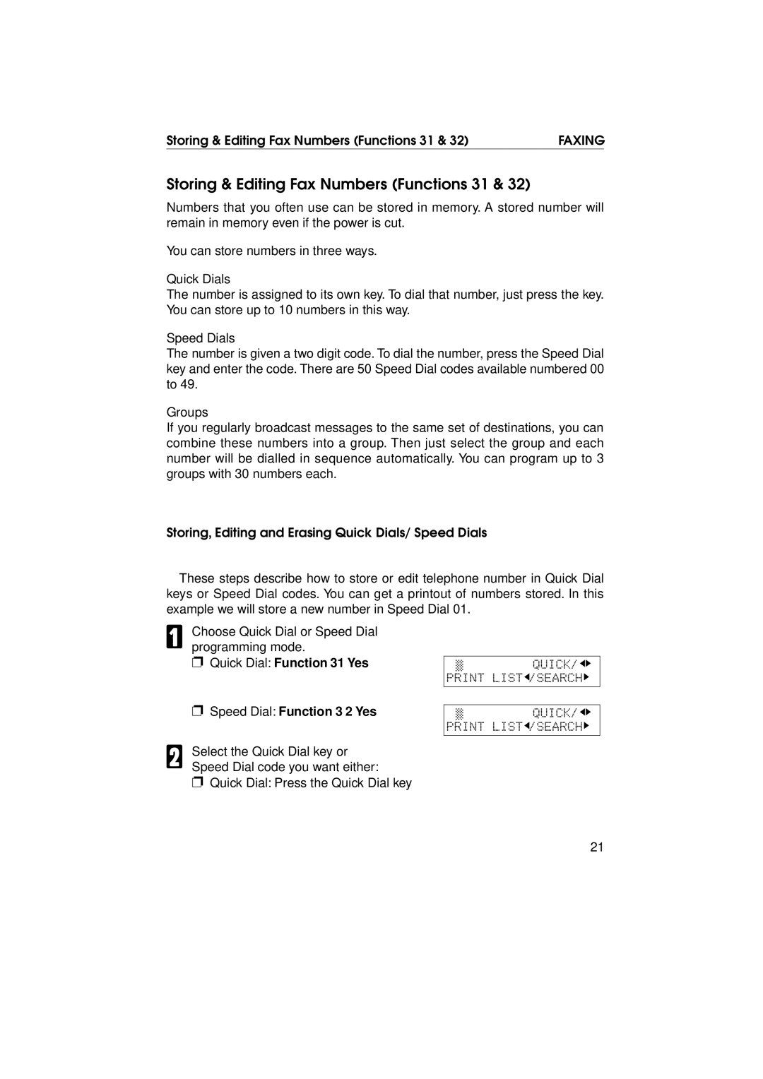 Ricoh FAX1700L manual Storing & Editing Fax Numbers Functions 31, Quick Dial Function 31 Yes Speed Dial Function 3 2 Yes 