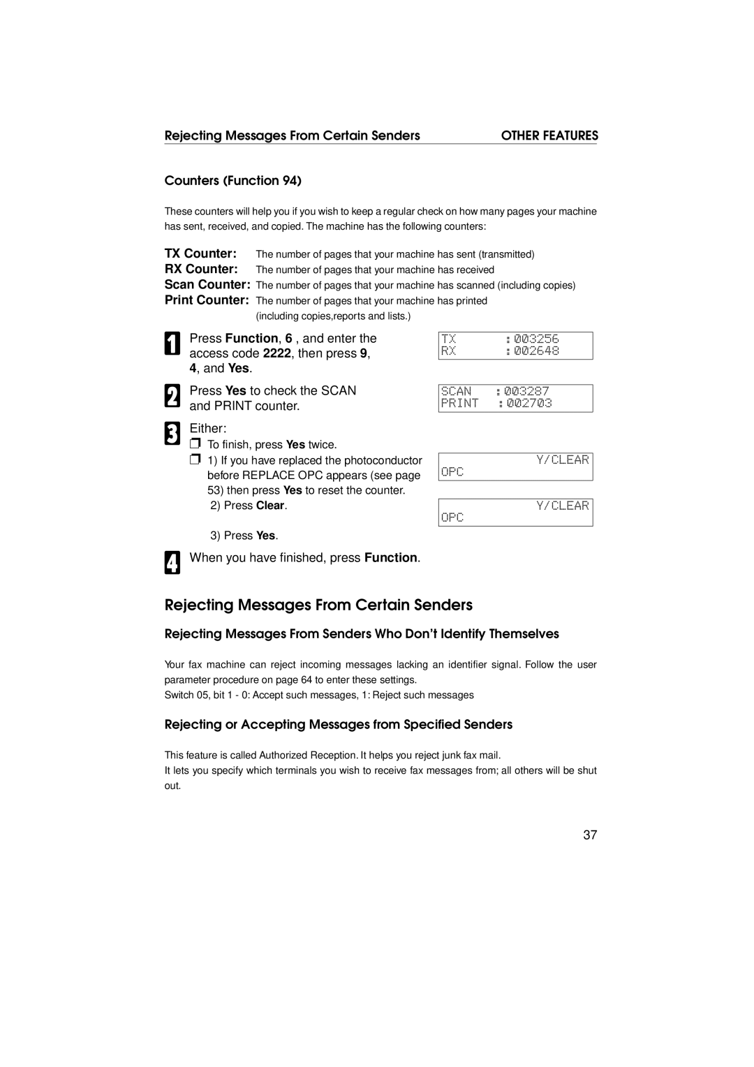 Ricoh FAX1700L manual Rejecting Messages From Certain Senders, Counters Function 