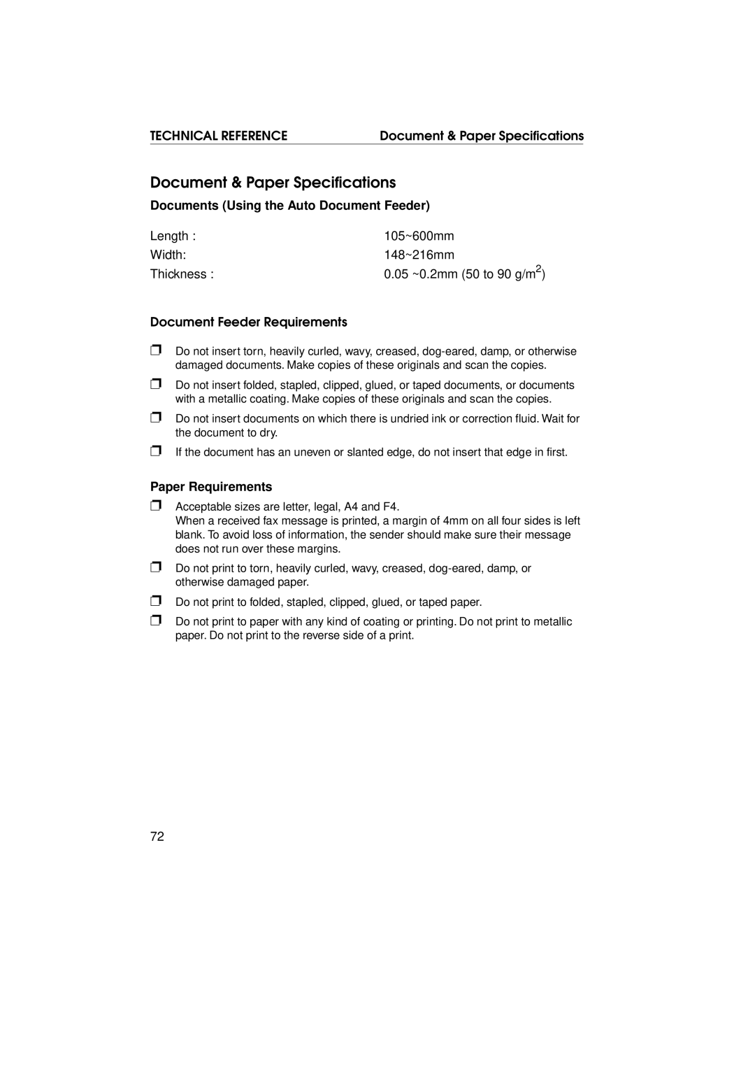 Ricoh FAX1700L manual Document & Paper Specifications, Documents Using the Auto Document Feeder, Paper Requirements 