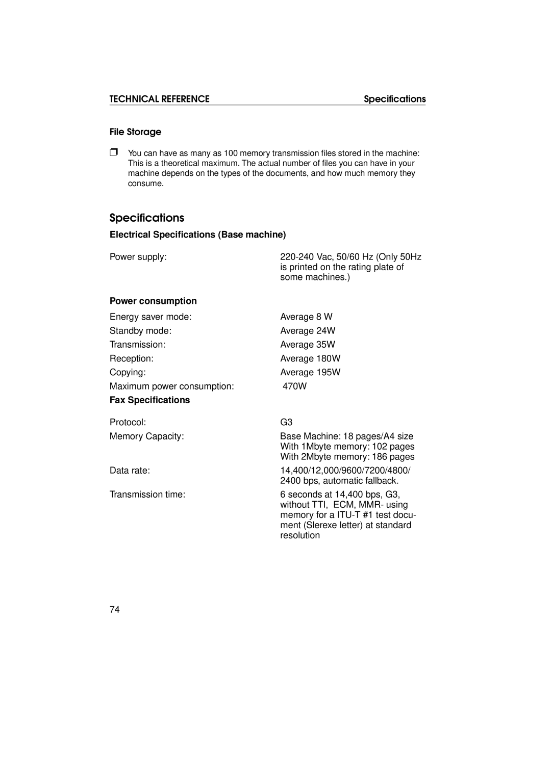 Ricoh FAX1700L manual Electrical Specifications Base machine, Power consumption, Fax Specifications 