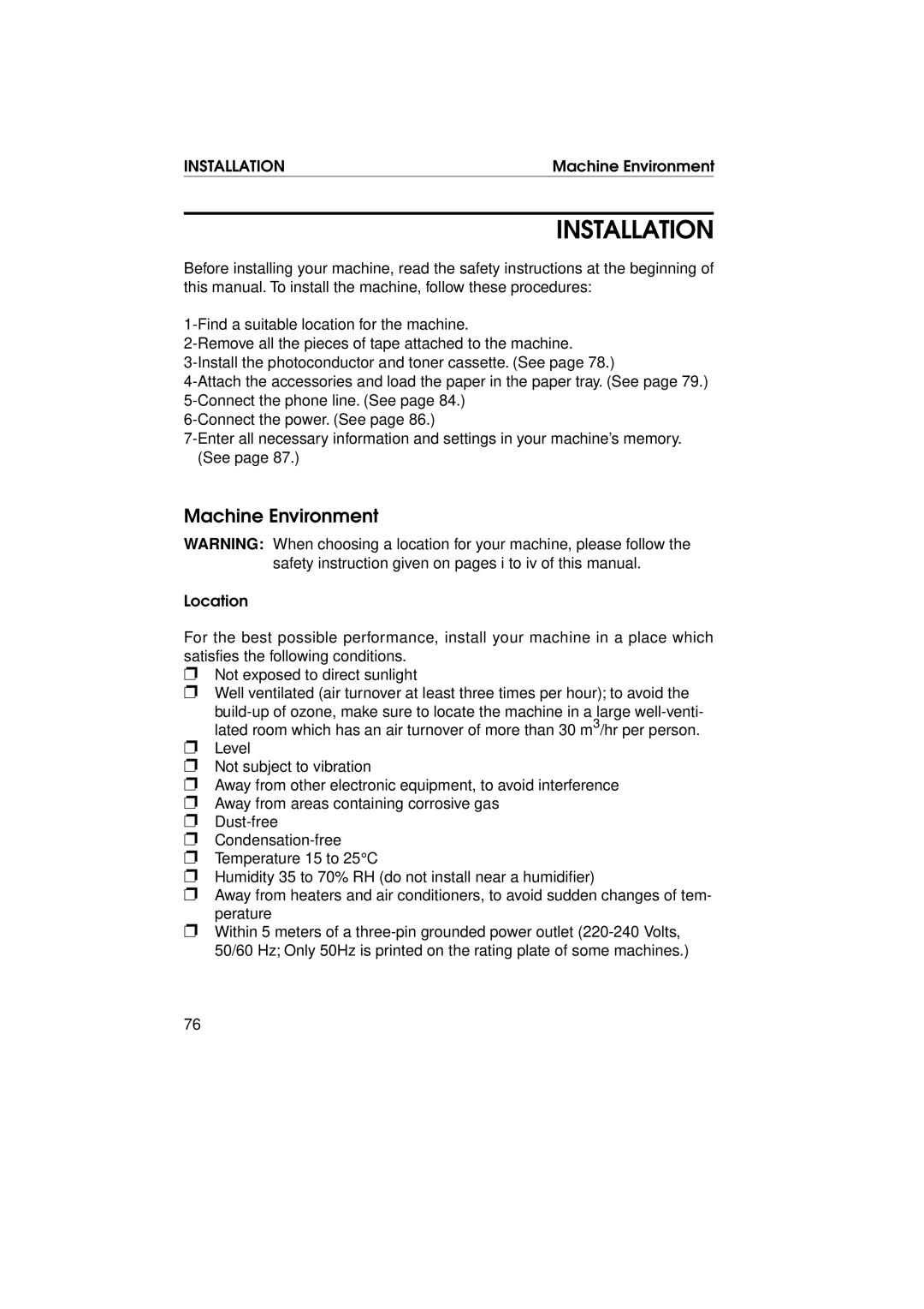 Ricoh FAX1700L manual Installation, Machine Environment 