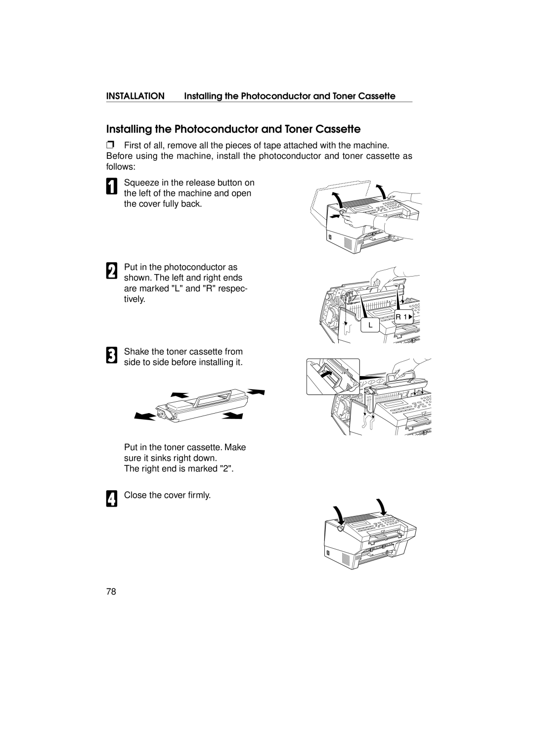 Ricoh FAX1700L manual Installing the Photoconductor and Toner Cassette 