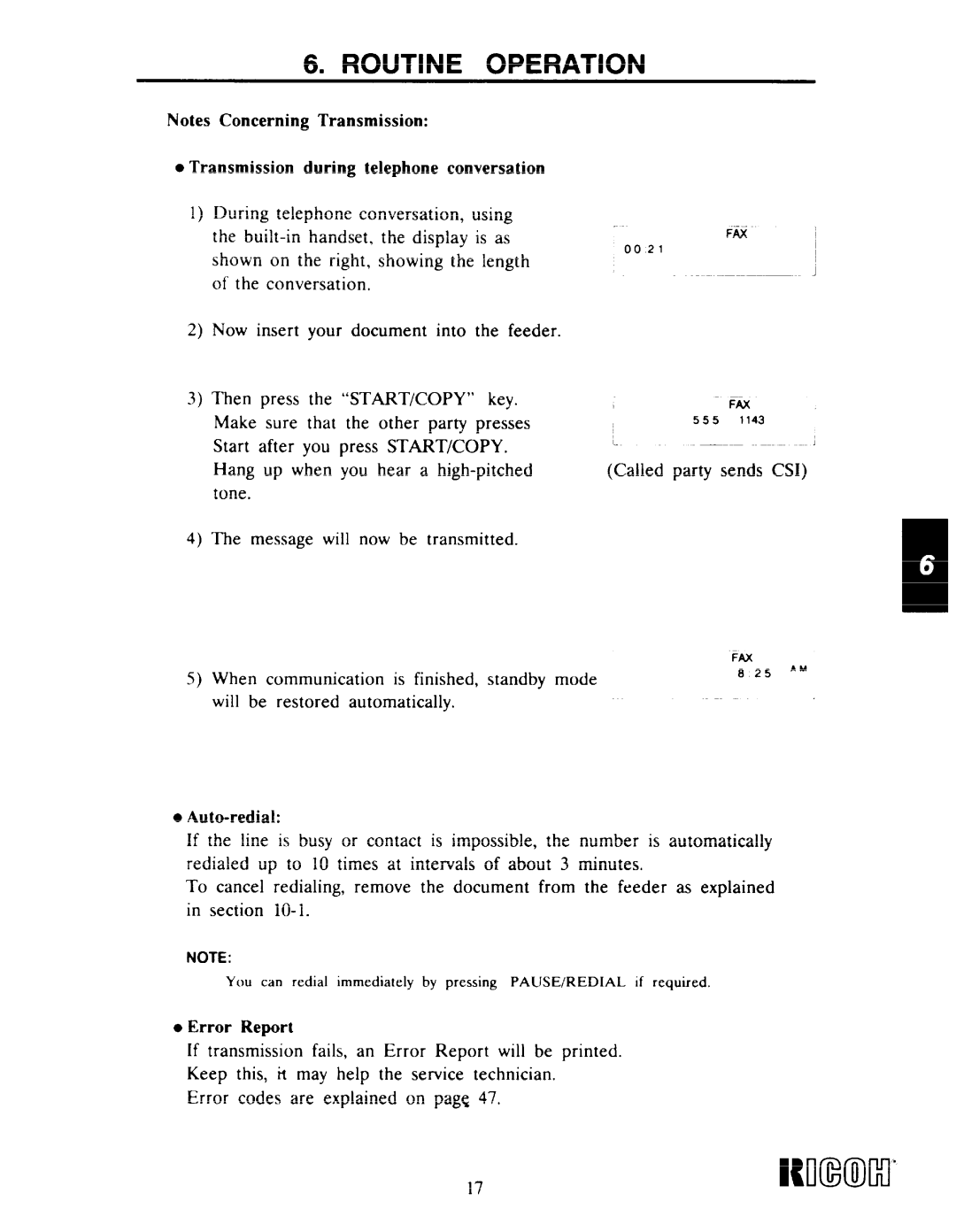 Ricoh Fax22 manual 17WmM1’, Transmission during telephone conversation, Auto-redial, Error Report 