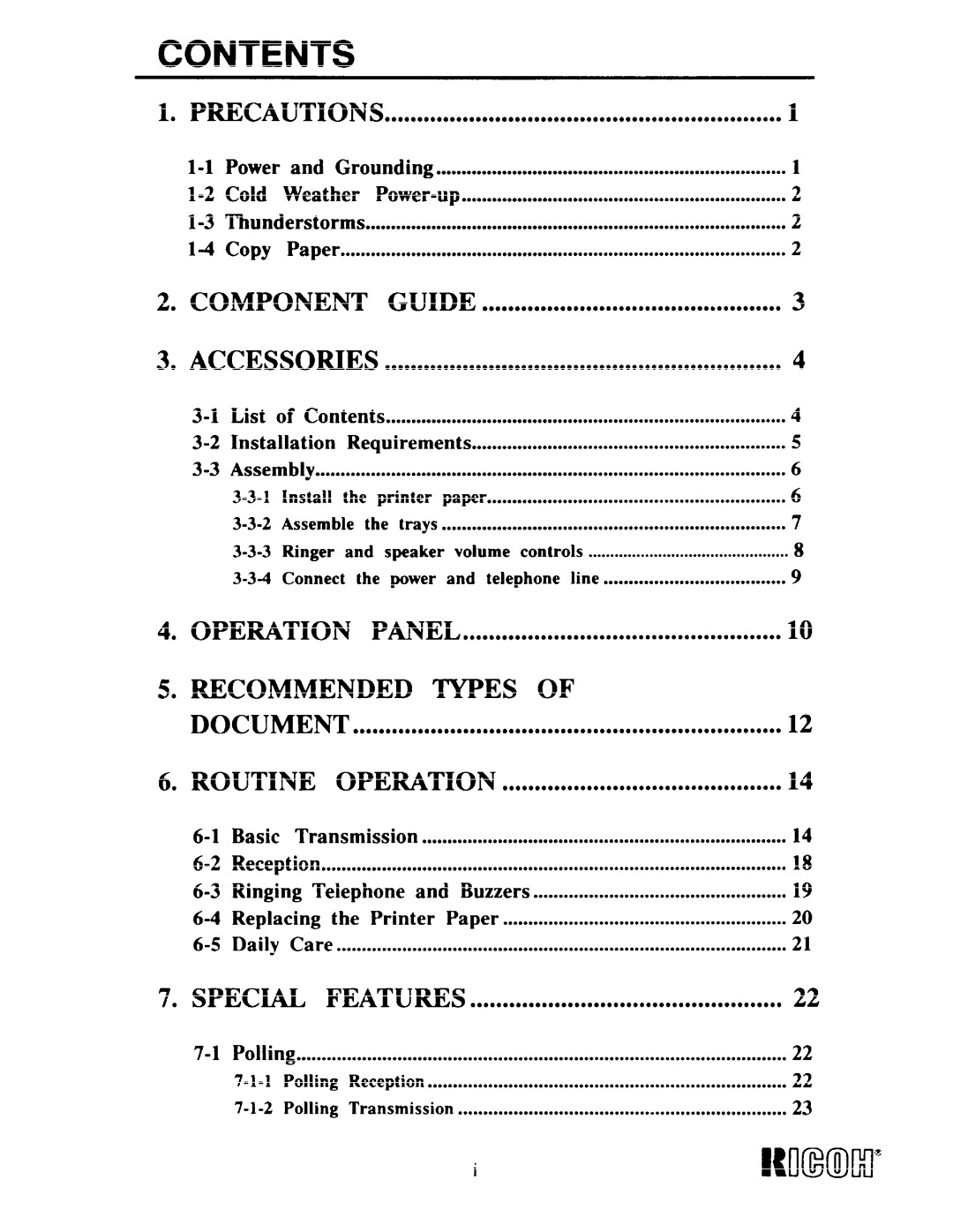 Ricoh Fax22 manual 1NIMM, Contents 