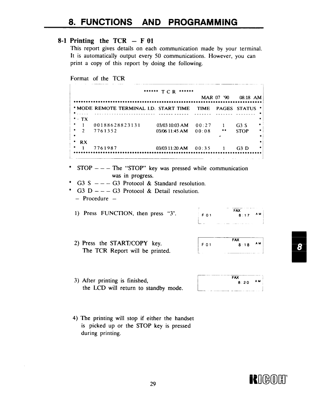 Ricoh Fax22 manual 29Mlmlw, Printing the TCR F, Press FUNCI’ION, then press 