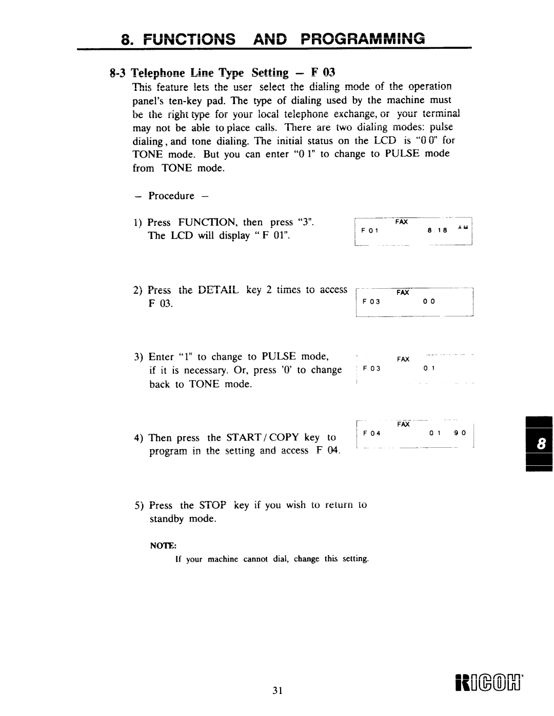 Ricoh Fax22 manual 31Immcl’, 3Telephone Line Type Setting F 