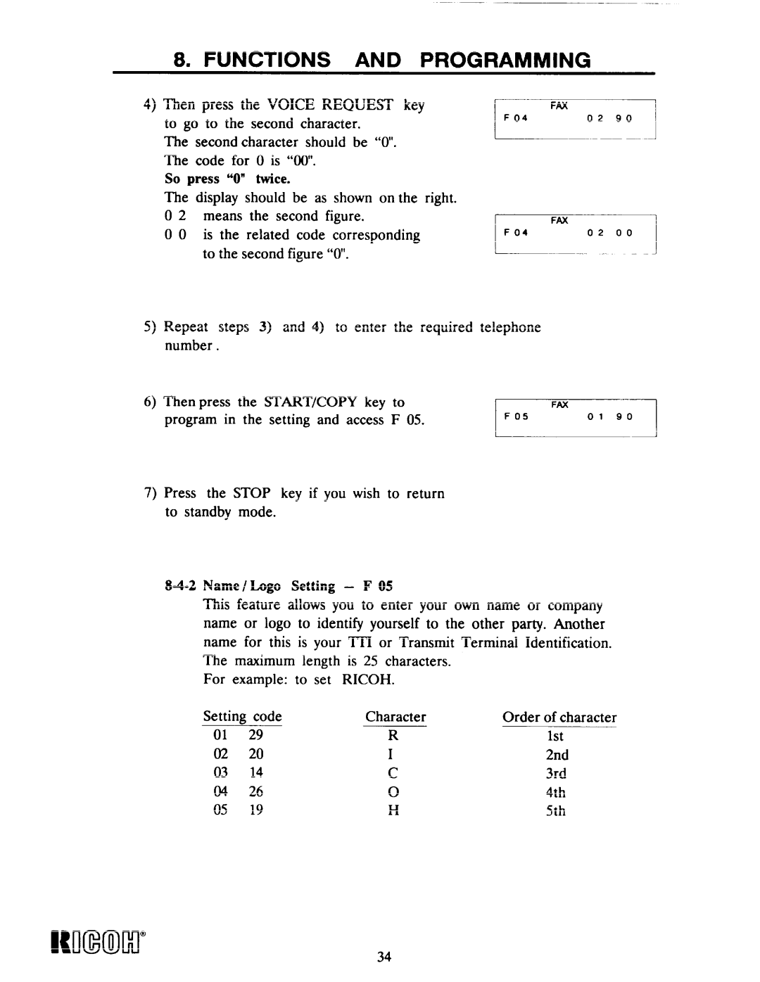 Ricoh Fax22 manual Kmm, So press O twice, Name / Logo Setting F 