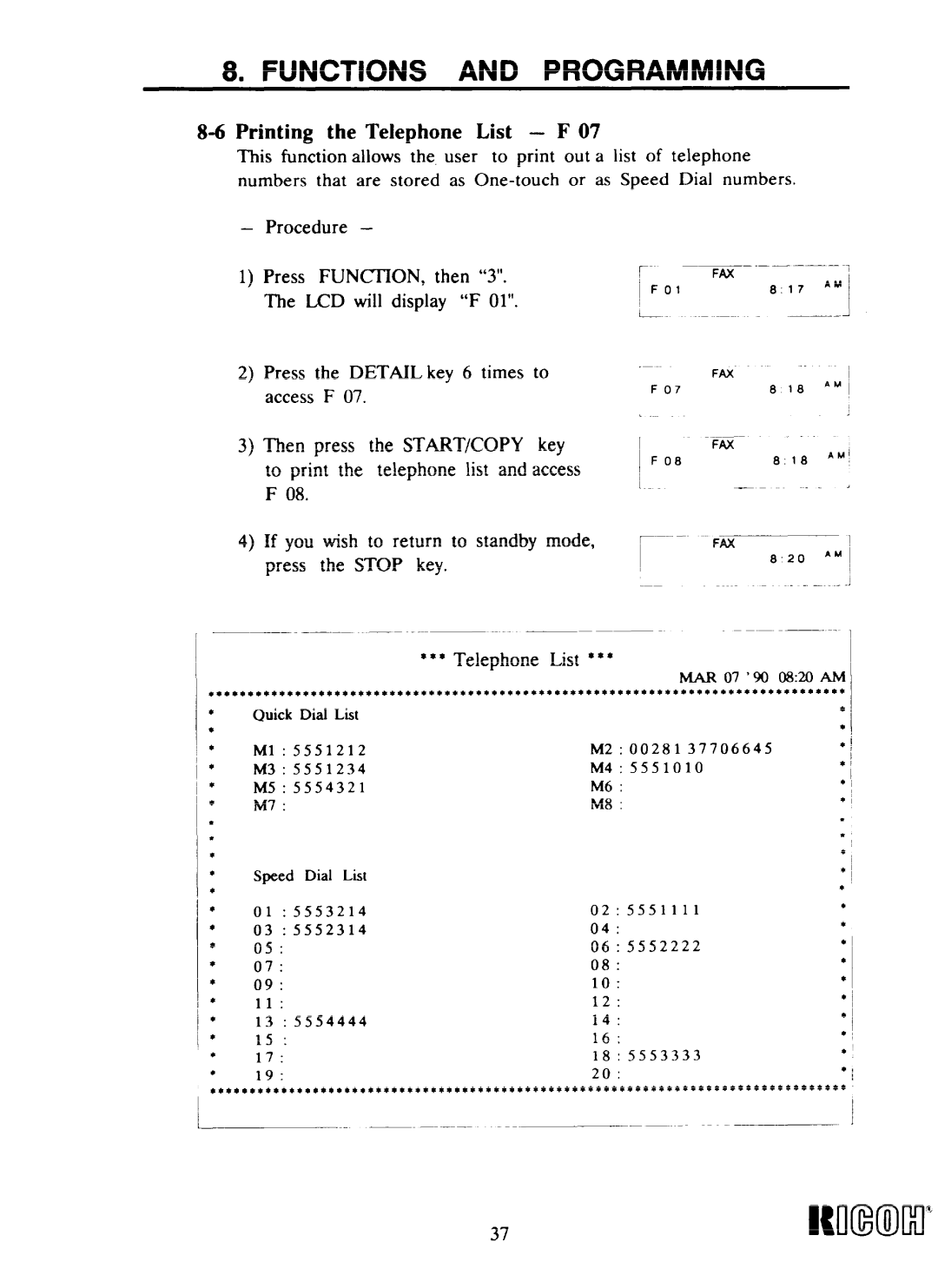 Ricoh Fax22 manual Immcl’, Printing the Telephone List F 