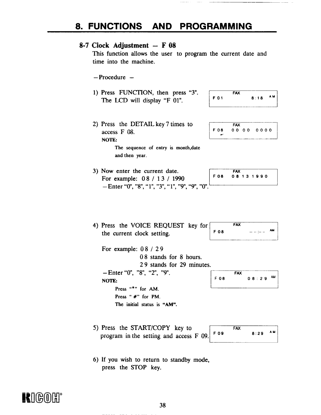 Ricoh Fax22 manual Functions and Programming, 7Clock Adjustment F 