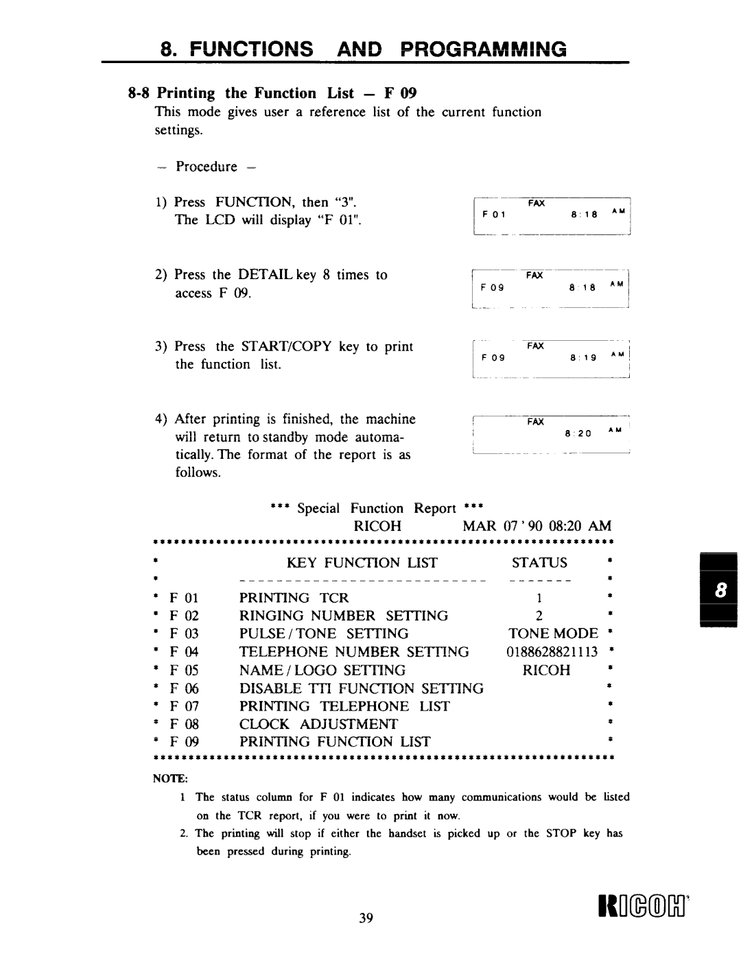 Ricoh Fax22 manual 8Printing the Function List F, Start/Copy 