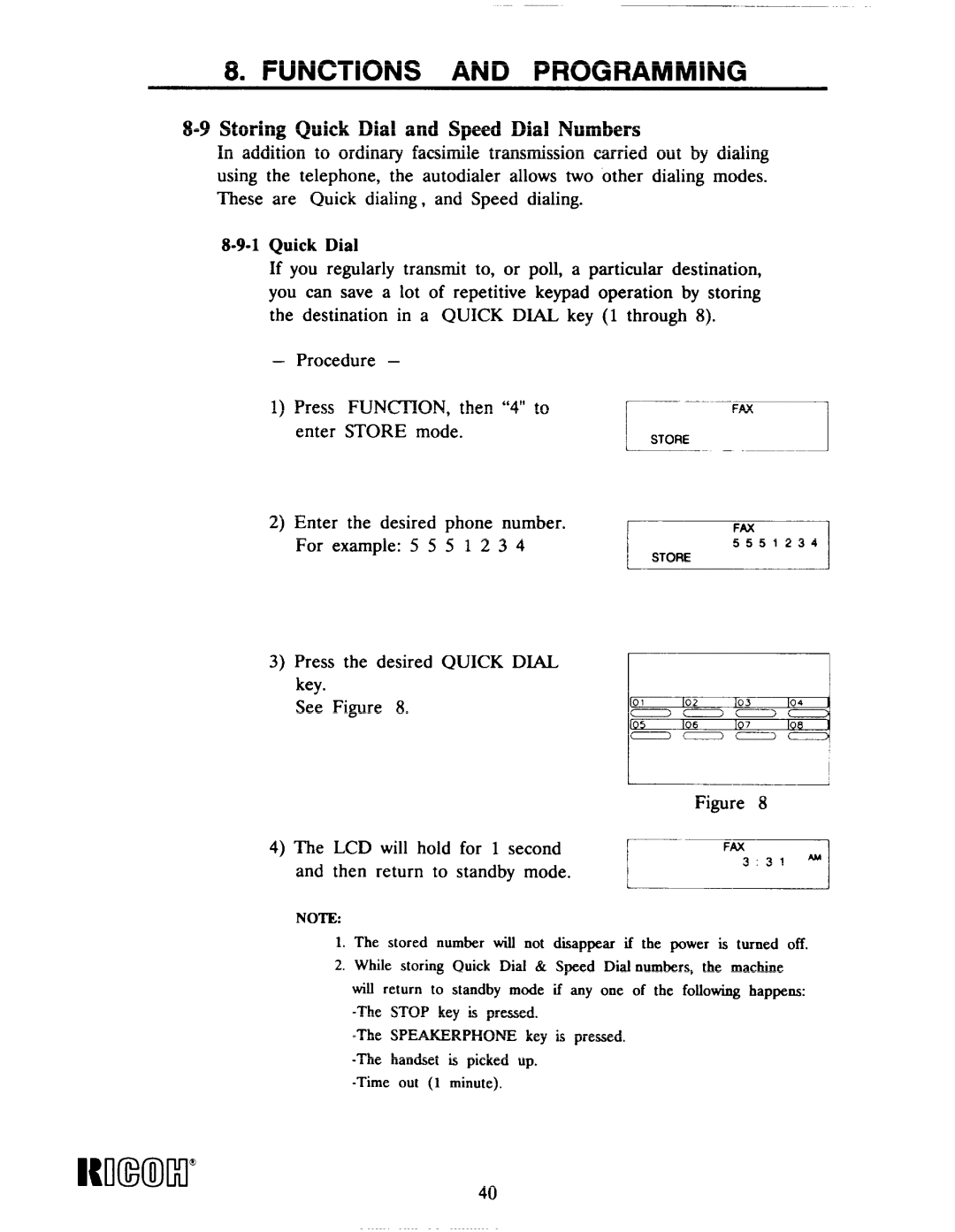 Ricoh Fax22 manual Nom!M, 9Storing Quick Dial and Speed Dial Numbers, 1Quick Dial 