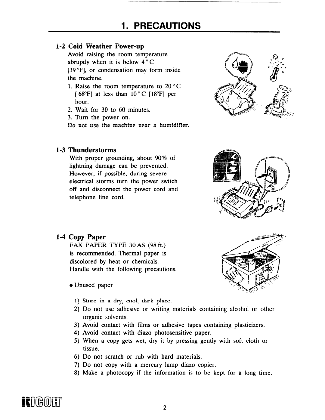 Ricoh Fax22 manual Rmml, Cold Weather Power-up, Copy Paper, Do not use the machine near a humidifier 