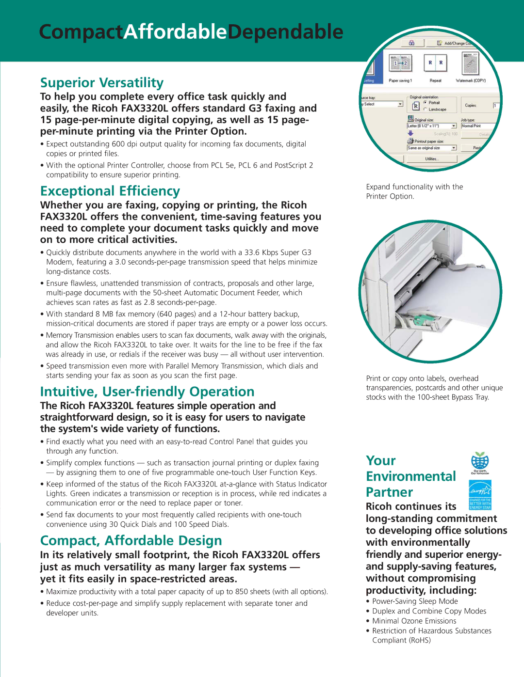 Ricoh FAX3320L manual CompactAffordableDependable 