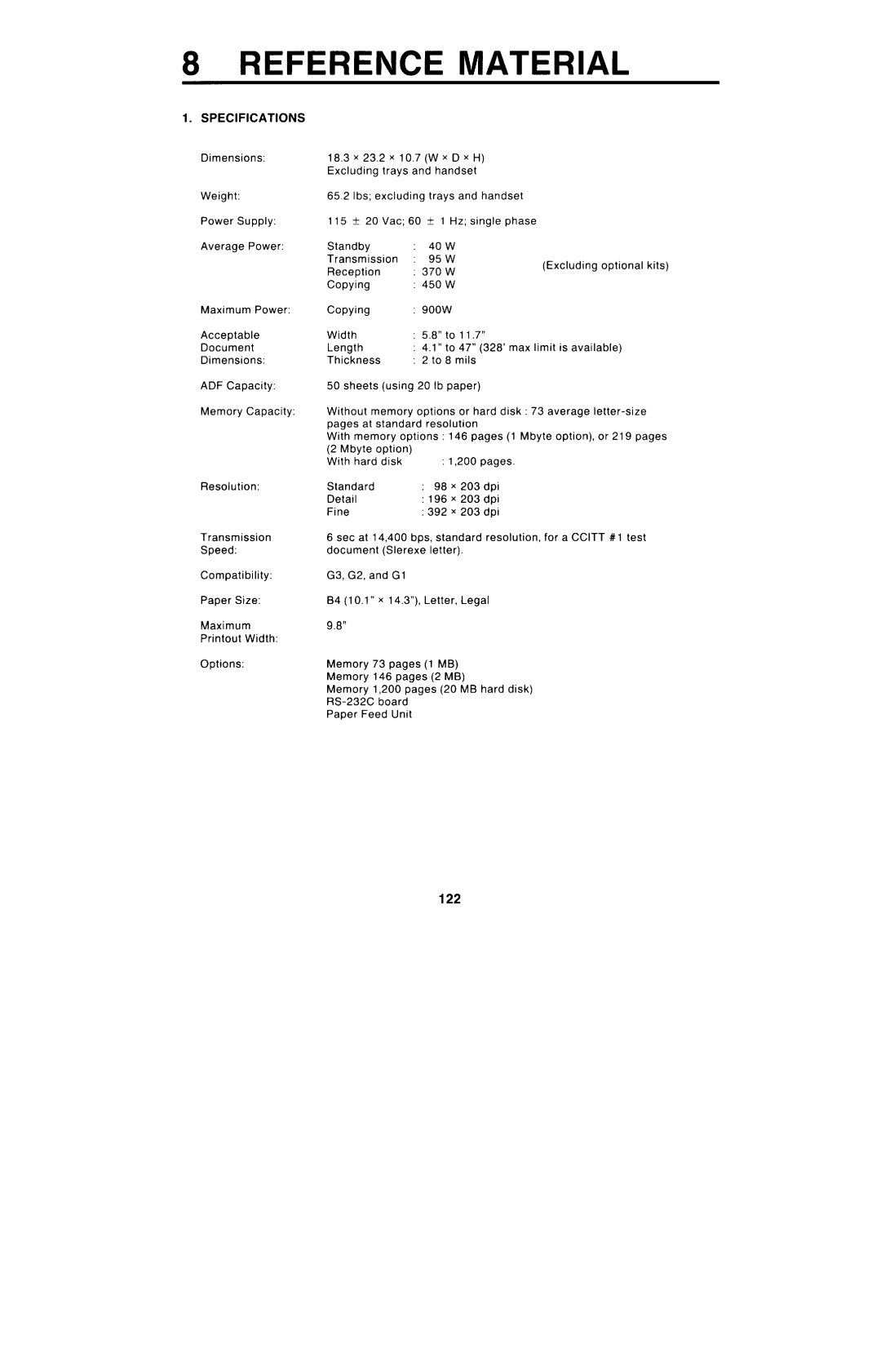 Ricoh FAX4000L manual 122, Specifications 