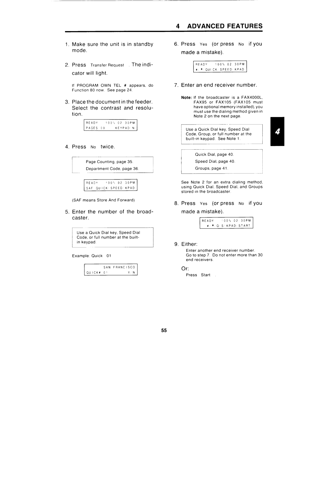 Ricoh FAX4000L manual Cater wil Iight, Select the contrast and resolu- tion, Press hJo twice, Enter an end receiver number 