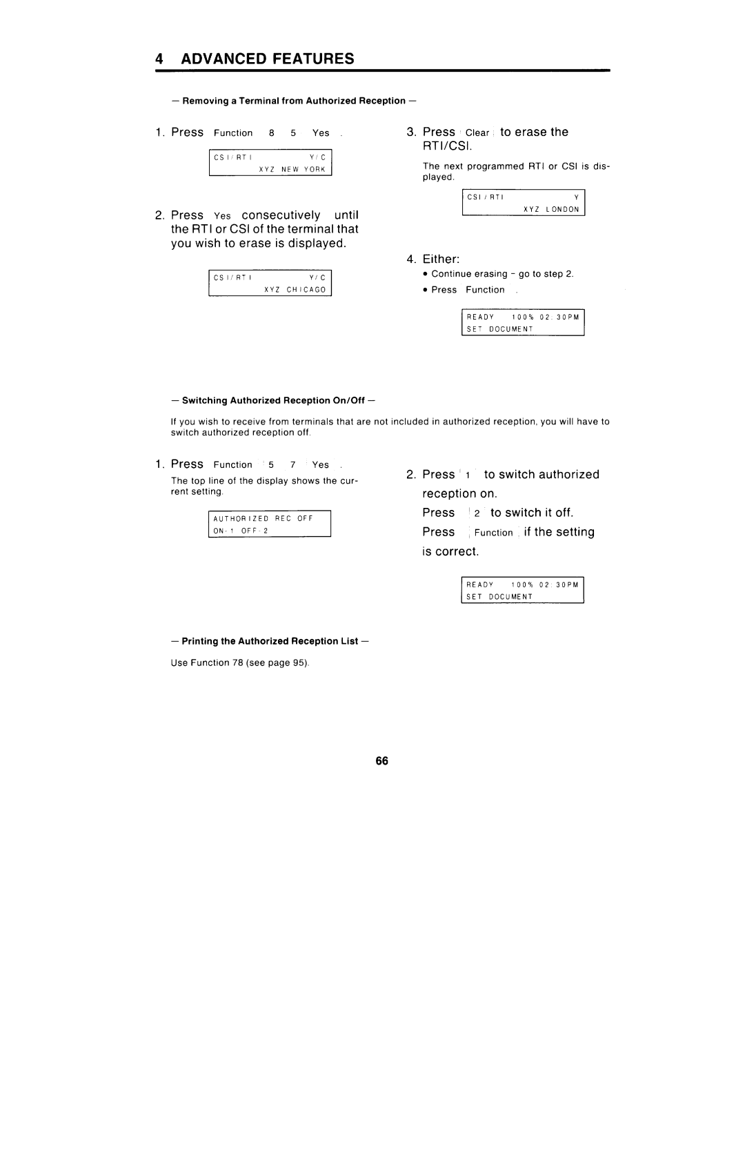 Ricoh FAX4000L manual Press Clear to erase RT1/CSl, Continue erasing go to step, Press ‘ Switch, Rent setting Reception 