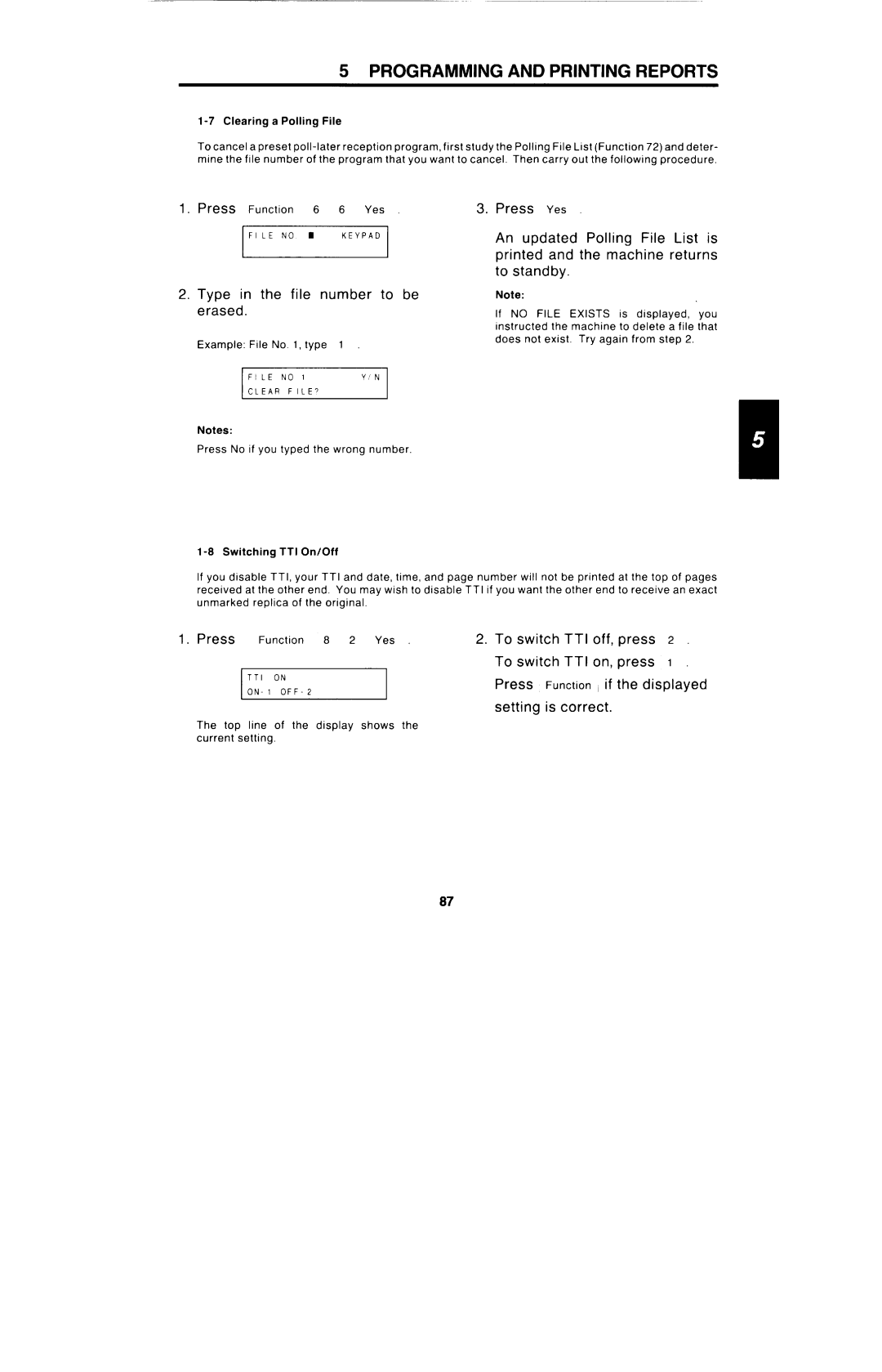 Ricoh FAX4000L manual Type in the file number to be erased, Press Function Yes Switch, Off Press Switch, Displayed 