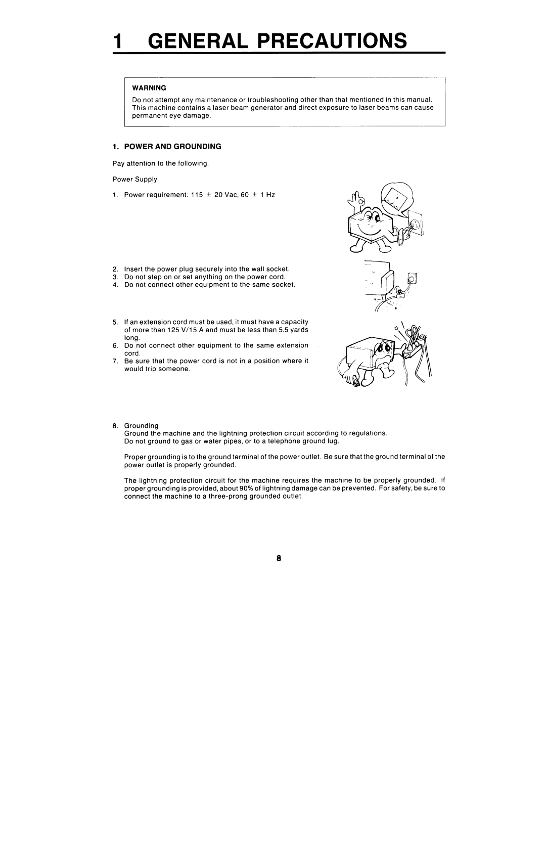 Ricoh FAX4000L manual General Precautions, Power and Grounding 