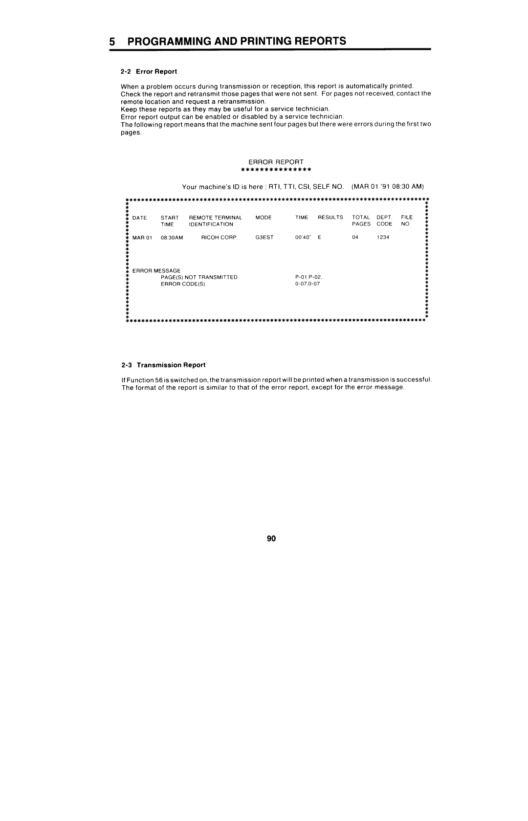 Ricoh FAX4000L manual Error Report, TTI, CSI Self no MAR 