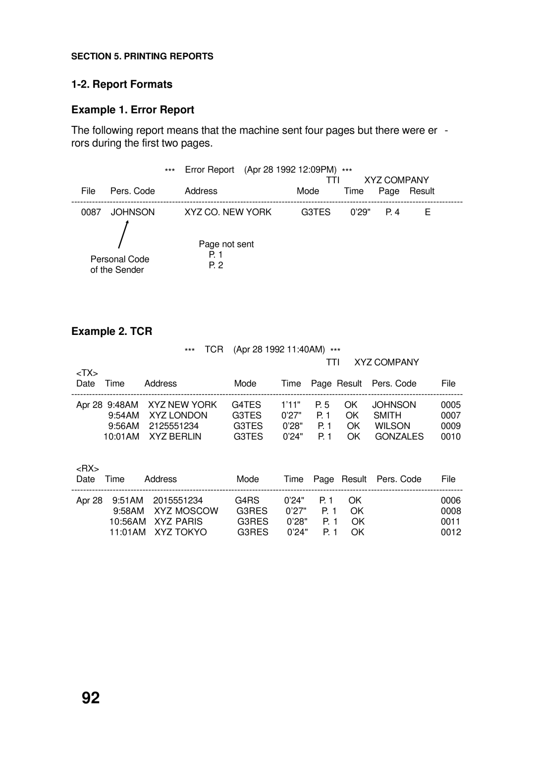 Ricoh FAX4500L manual Report Formats Example 1. Error Report, Example 2. TCR 