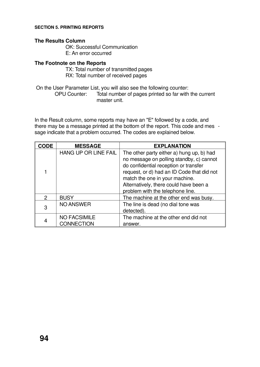 Ricoh FAX4500L manual Results Column, Footnote on the Reports, Code Message Explanation 