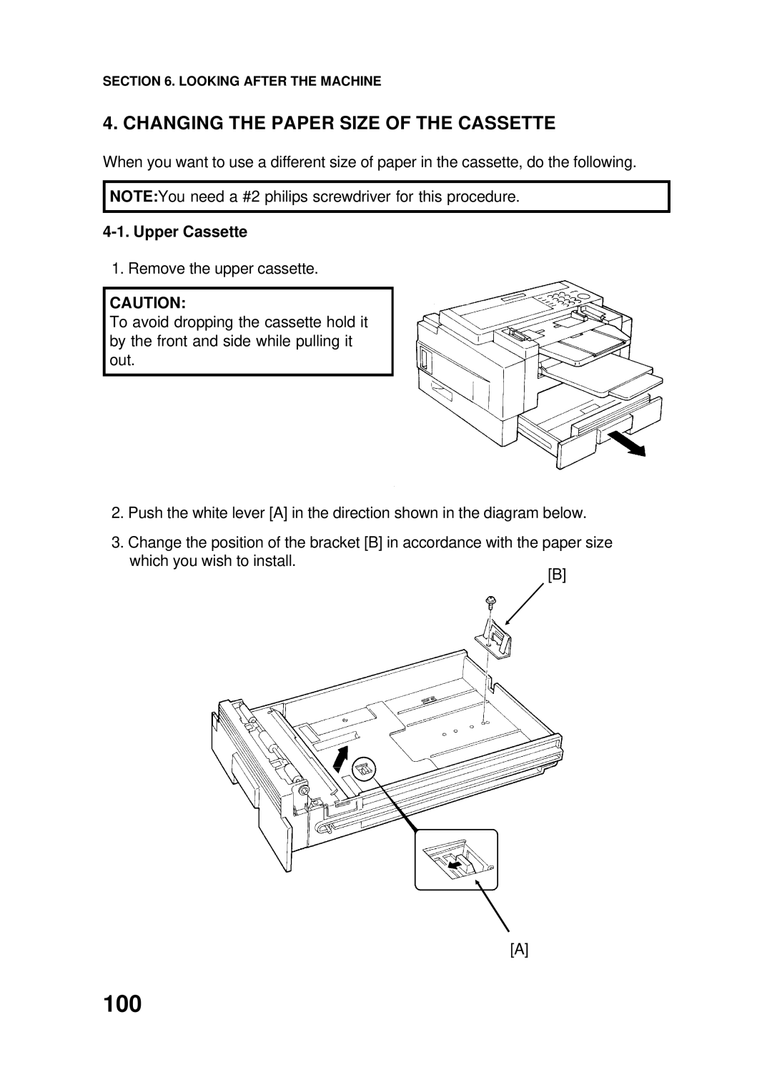 Ricoh FAX4500L manual 100, Changing the Paper Size of the Cassette, Upper Cassette 