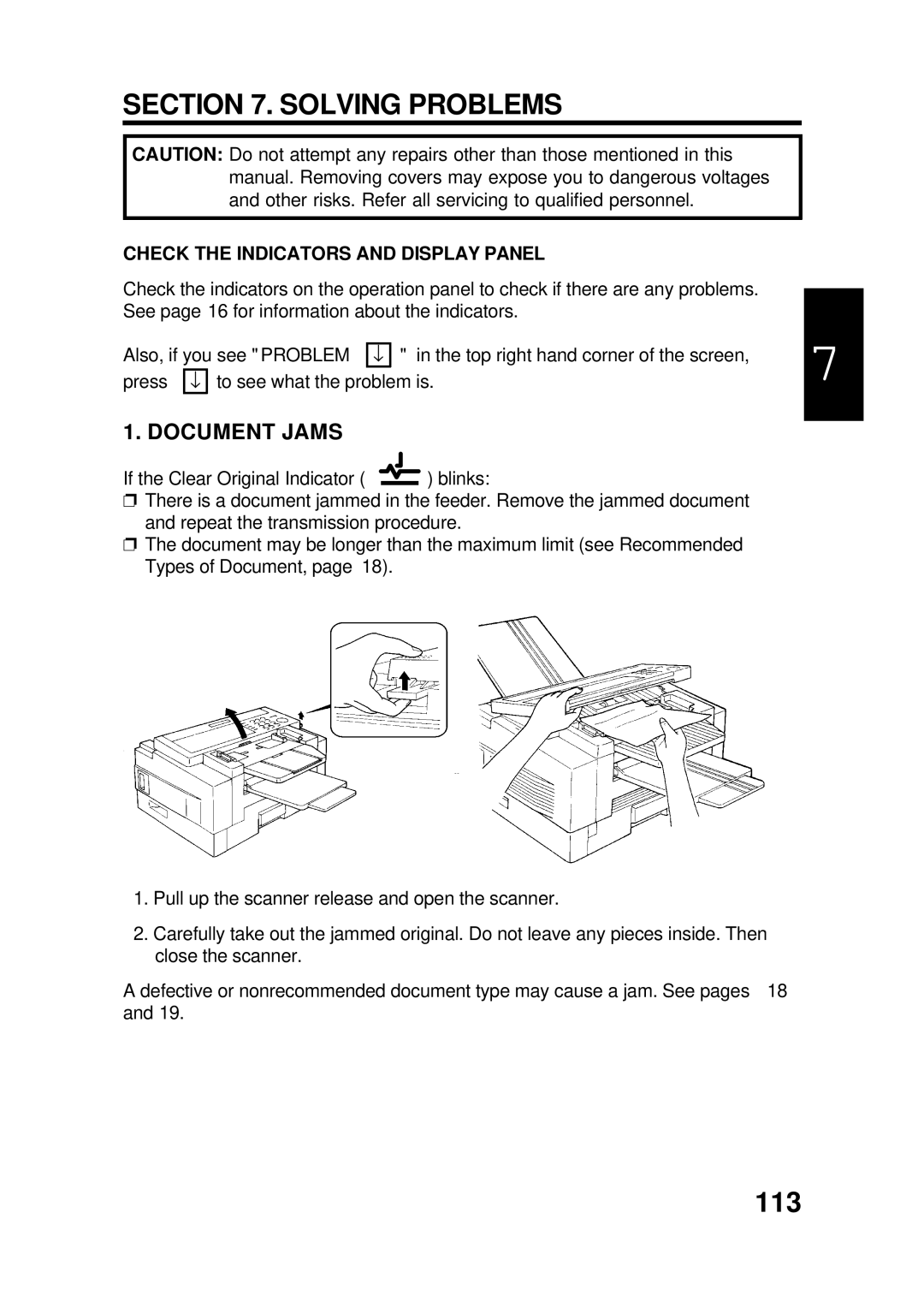 Ricoh FAX4500L manual 113, Document Jams, Check the Indicators and Display Panel 