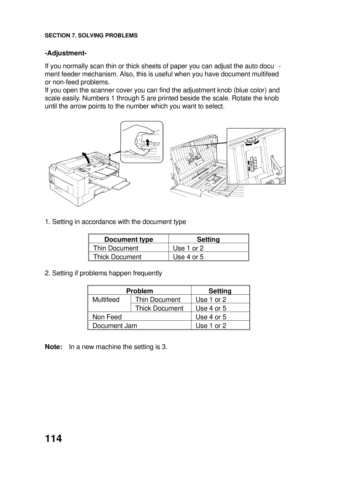 Ricoh FAX4500L manual 114, Adjustment, Document type Setting, Problem Setting 