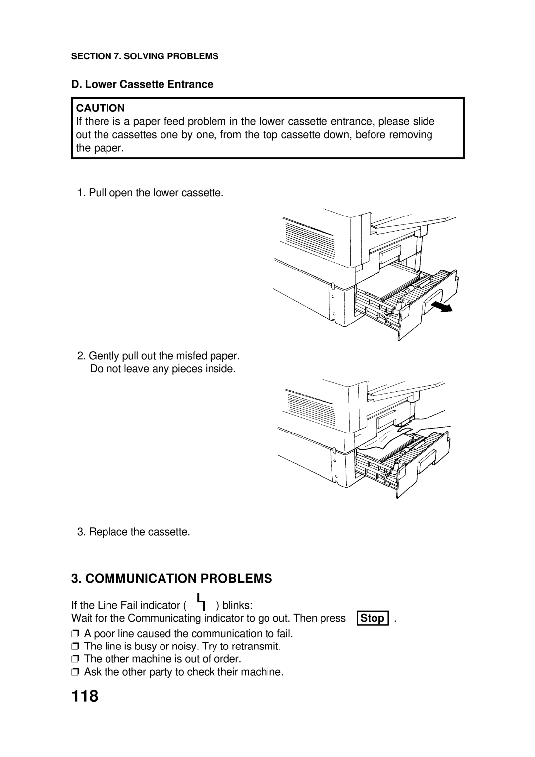 Ricoh FAX4500L manual 118, Communication Problems, Lower Cassette Entrance 