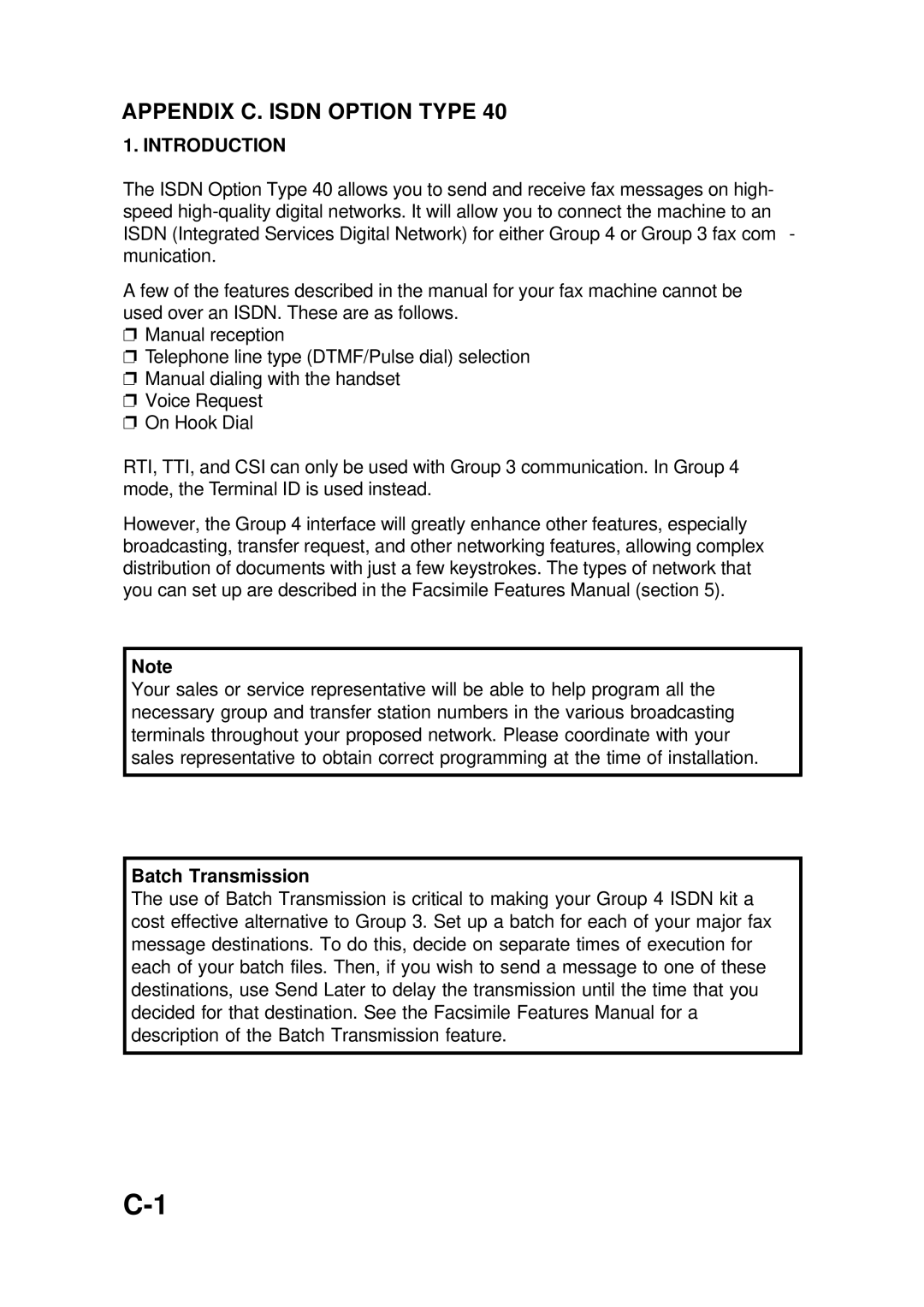 Ricoh FAX4500L manual Appendix C. Isdn Option Type, Introduction, Batch Transmission 
