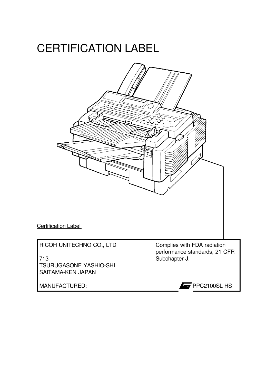 Ricoh FAX4500L manual Certification Label 