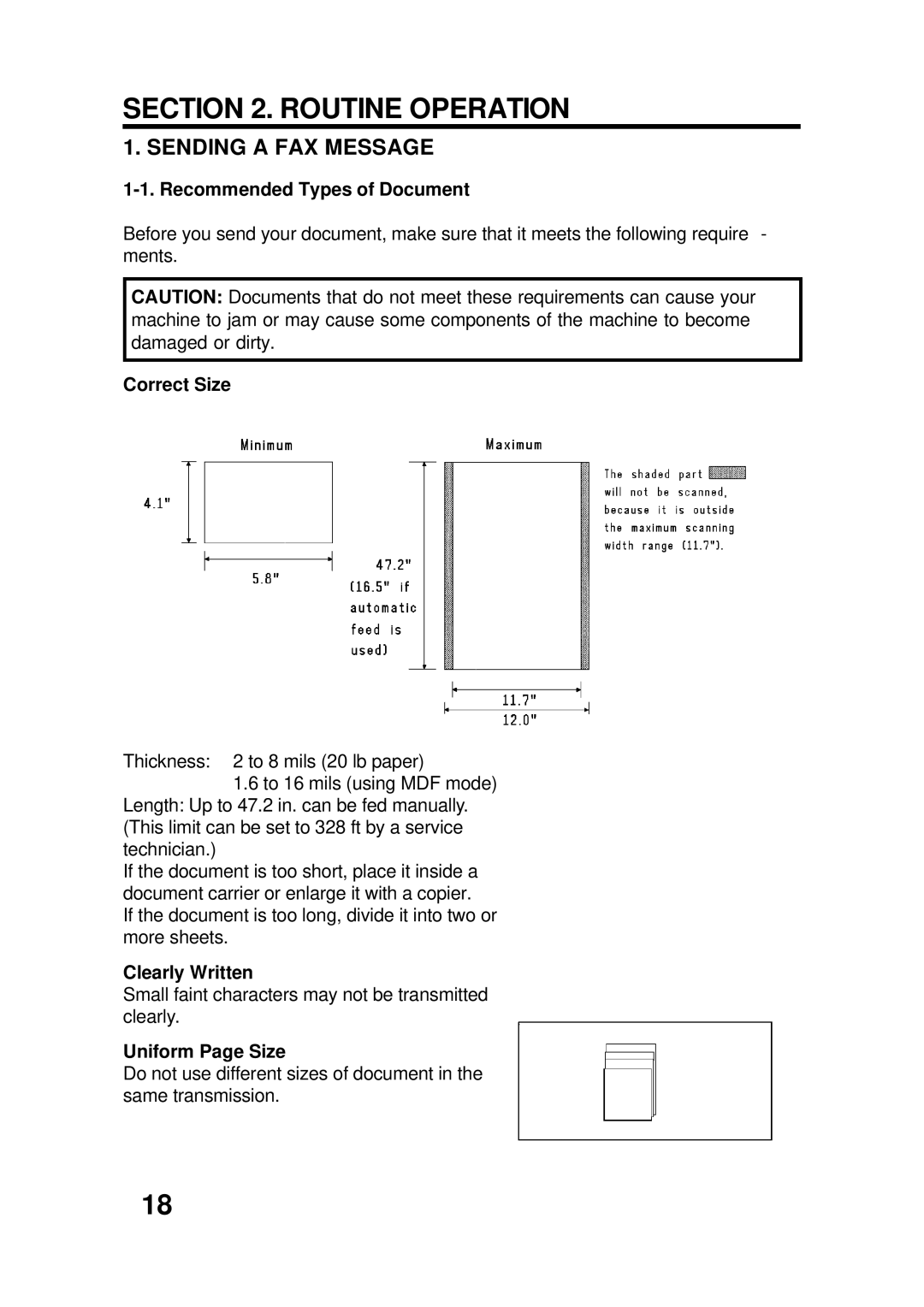 Ricoh FAX4500L Sending a FAX Message, Recommended Types of Document, Correct Size, Clearly Written, Uniform Page Size 