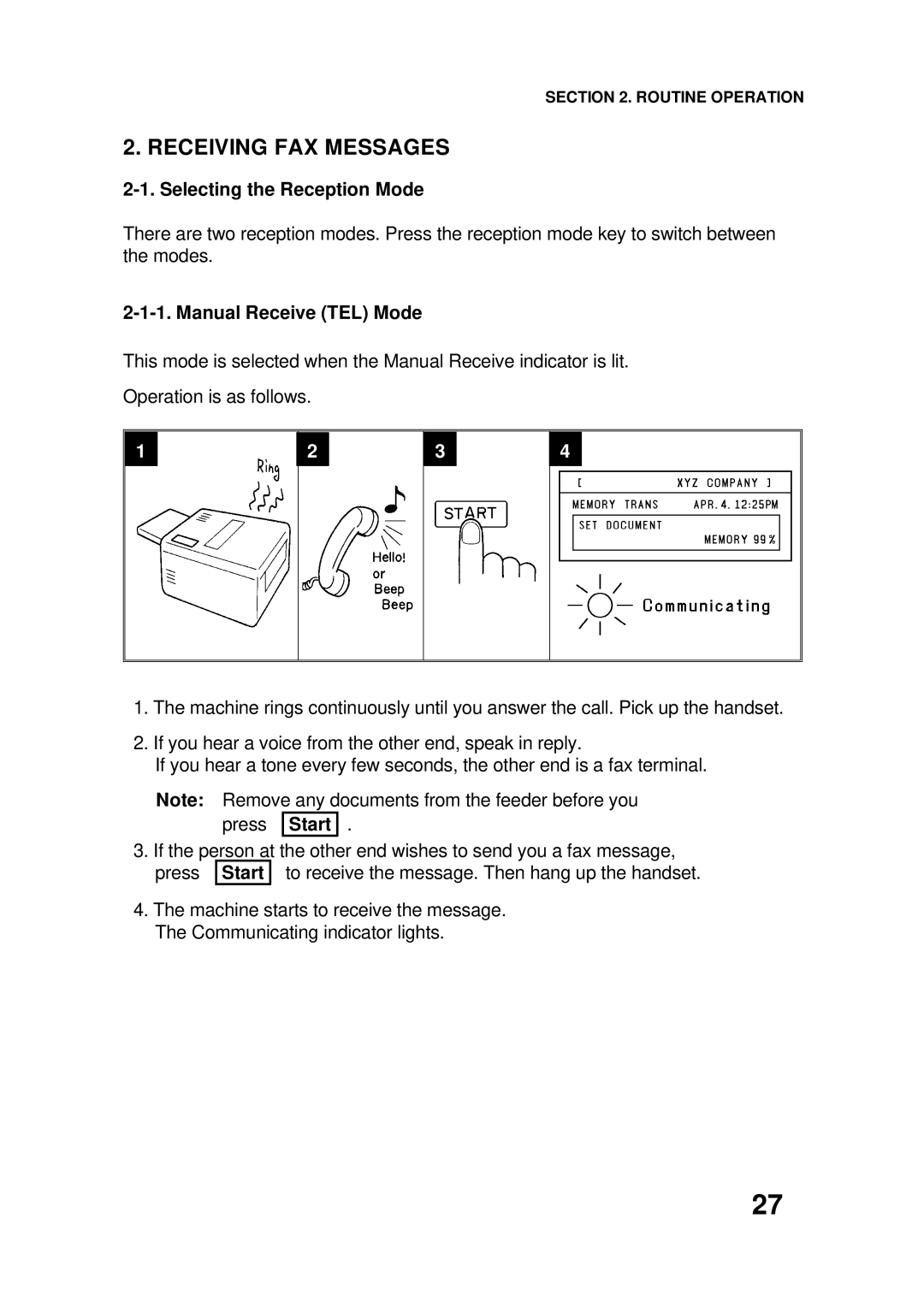 Ricoh FAX4500L manual Receiving FAX Messages, Selecting the Reception Mode, Manual Receive TEL Mode 